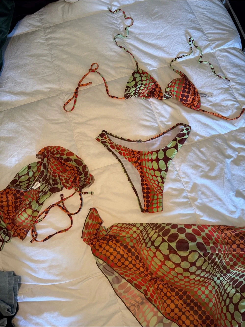 Retro Geo Print Bikini Set with Matching Sarong - Orange & Lime